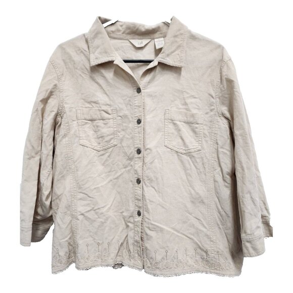 J. Jilll Womemns Corduroy Shirt Medium Beige Embroidered Button Up BOHO Neutral - Picture 1 of 9
